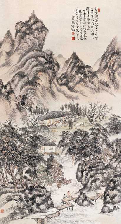 秦古柳 乙酉（1945年）作 茂林山居 中堂